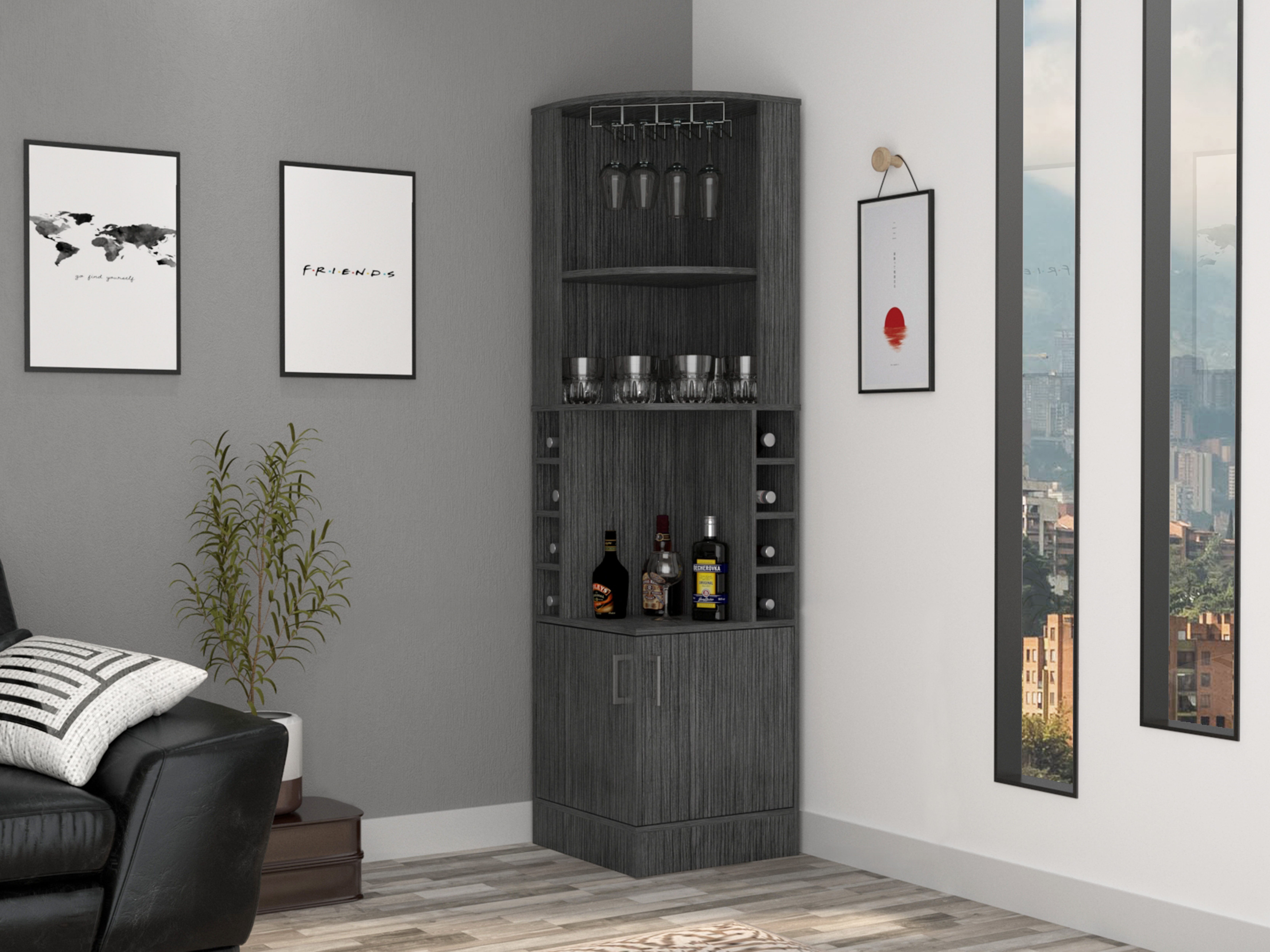 Syrah Corner Bar Cabinet, Eight Bottle Cubbies, Double Door, Two Open Shelves -Smokey Oak